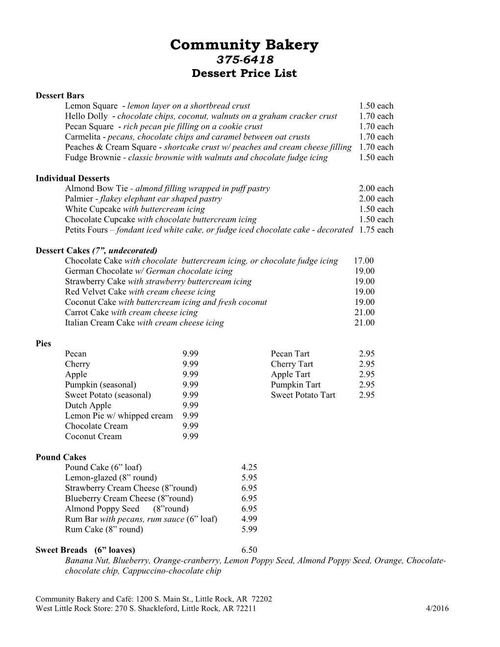 Community Bakery 375-6418 Dessert Price List