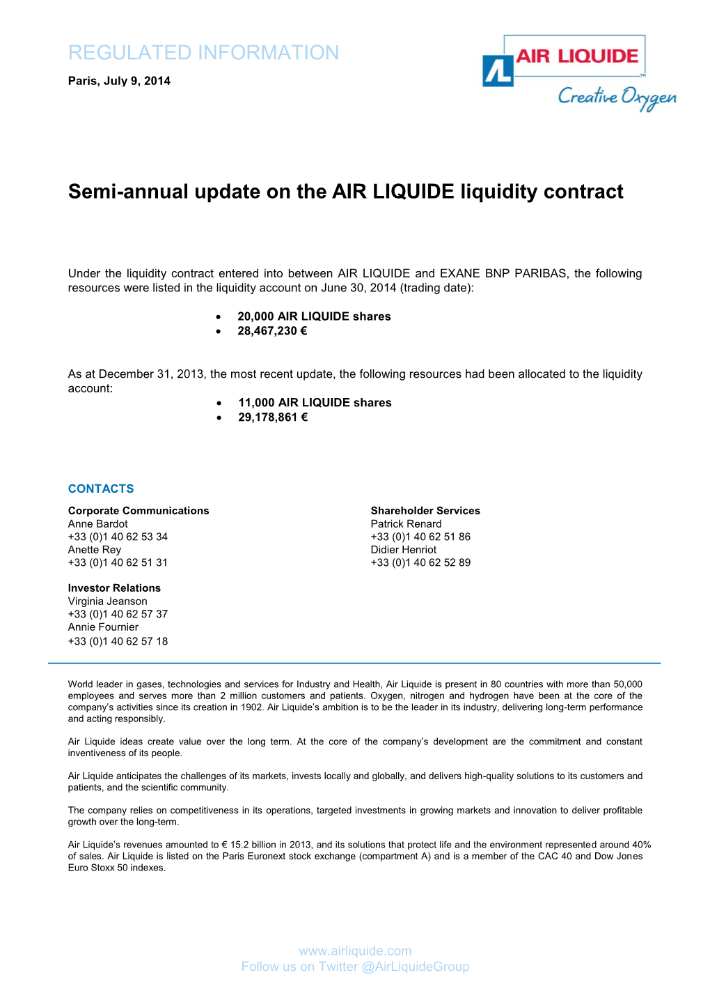 Semi-Annual Update on the AIR LIQUIDE Liquidity Contract