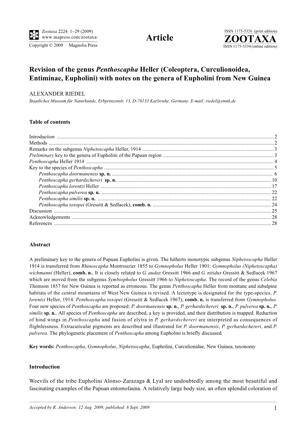 Zootaxa, Revision of the Genus Penthoscapha Heller (Coleoptera