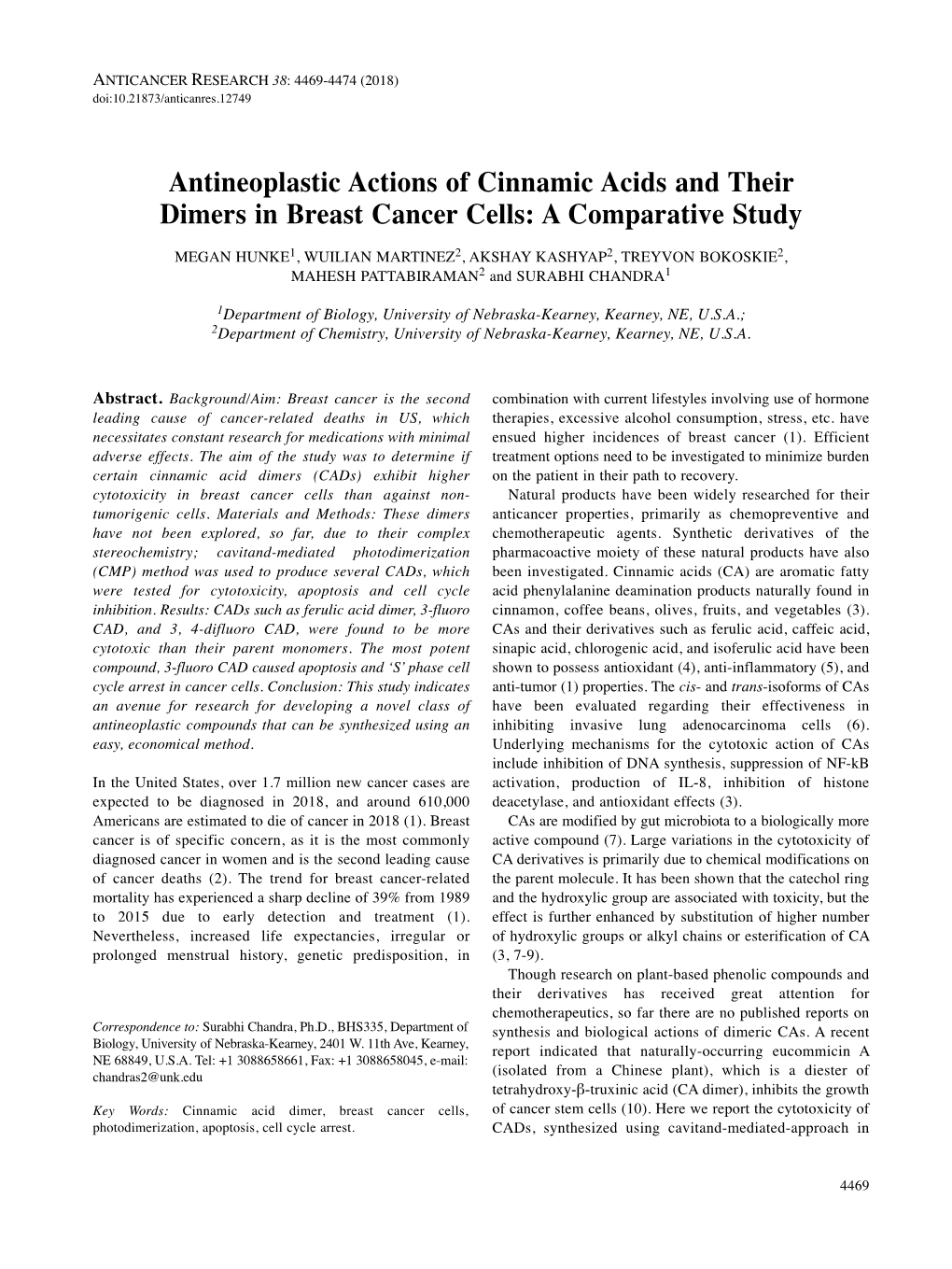 Antineoplastic Actions of Cinnamic Acids and Their Dimers in Breast