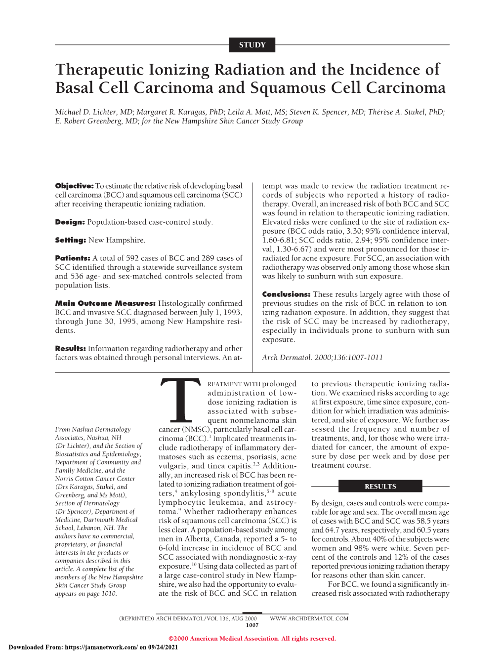 Therapeutic Ionizing Radiation and the Incidence of Basal Cell Carcinoma and Squamous Cell Carcinoma