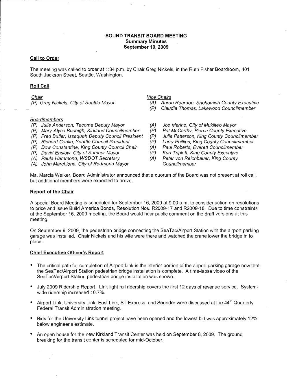 SOUND TRANSIT BOARD MEETING Summary Minutes September 1 0, 2009