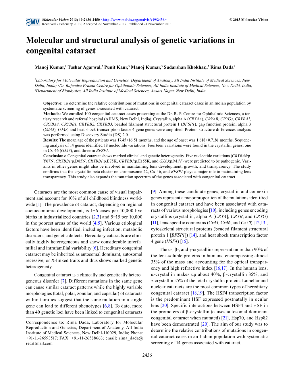 Molecular and Structural Analysis of Genetic Variations in Congenital Cataract