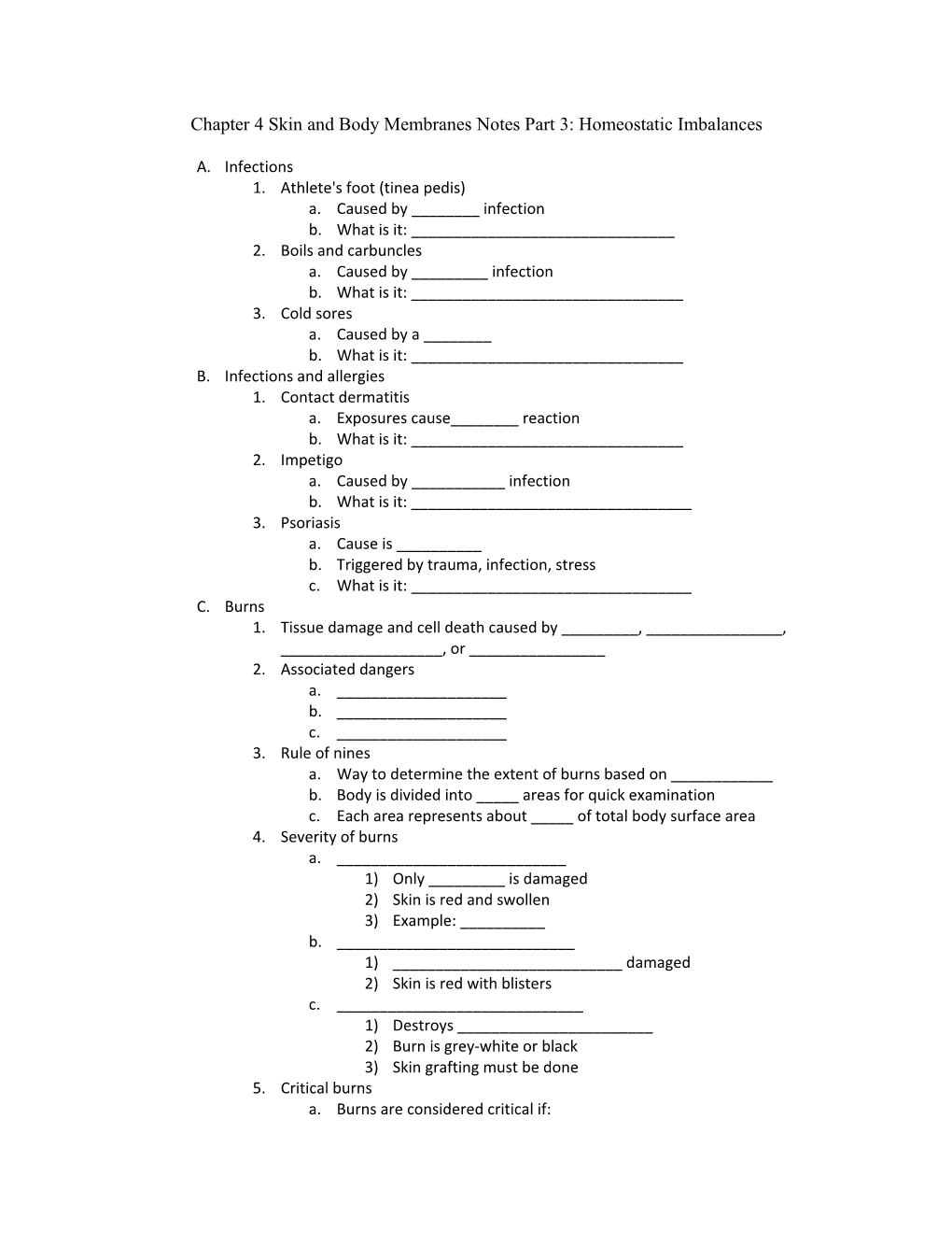 Chapter 4 Skin and Body Membranes Notes Part 3: Homeostatic Imbalances