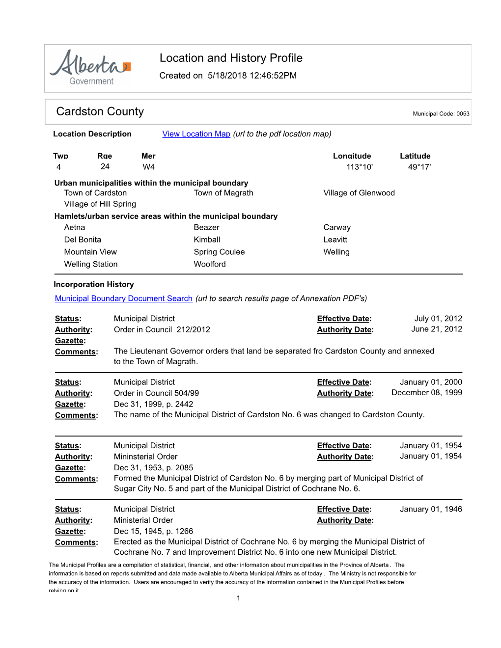 Location and History Profile Cardston County