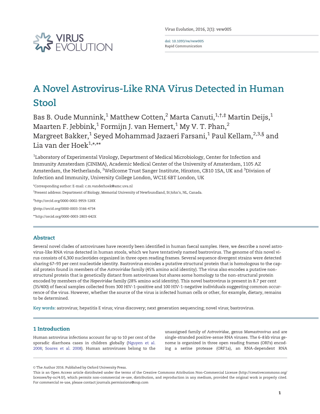 A Novel Astrovirus-Like RNA Virus Detected in Human Stool Bas B