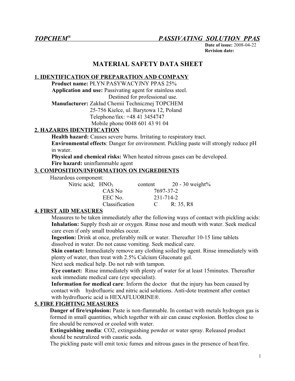 Material Safety Data Sheet Pickling Paste/Spray