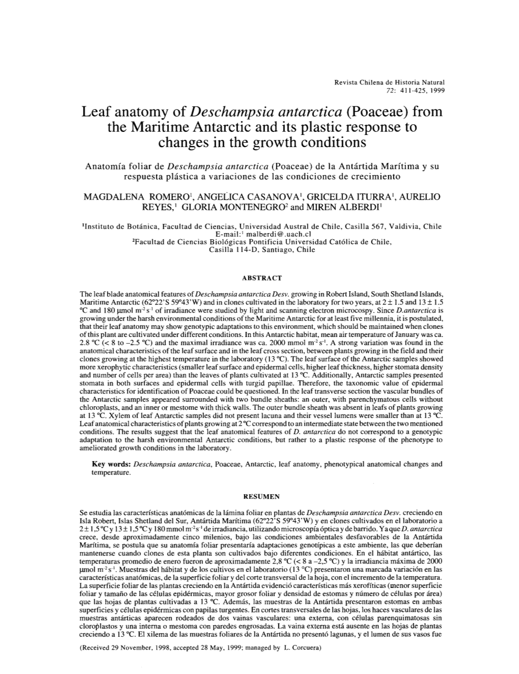 Leaf Anatomy of Deschampsia Antarctica (Poaceae) from the Maritime Antarctic and Its Plastic Response to Changes in the Growth Conditions