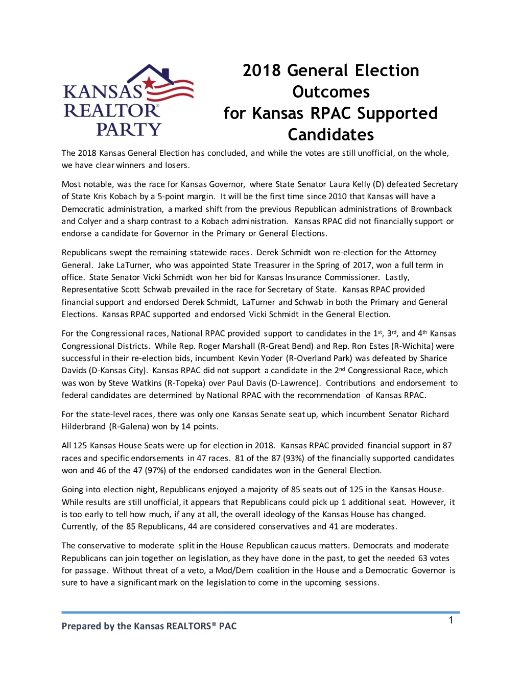 2018 General Election Outcomes for Kansas RPAC Supported Candidates