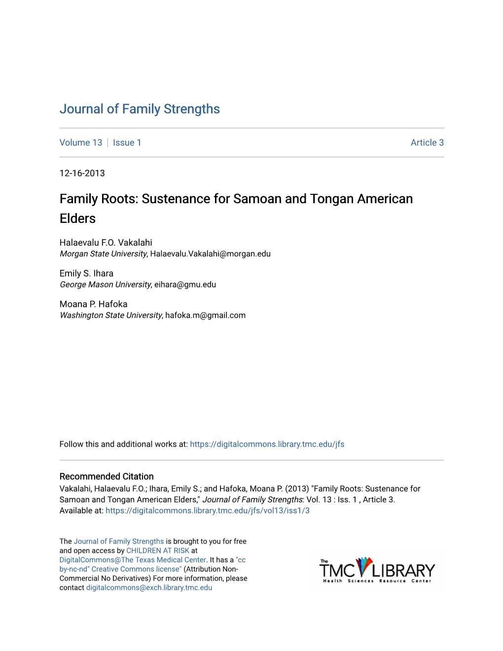 Family Roots: Sustenance for Samoan and Tongan American Elders