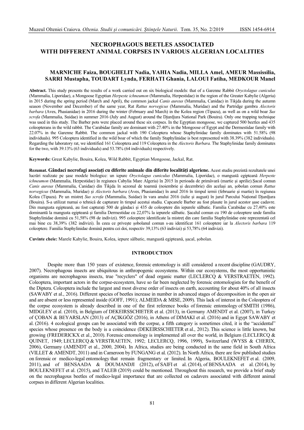 Necrophagous Beetles Associated with Different Animal Corpses in Various Algerian Localities