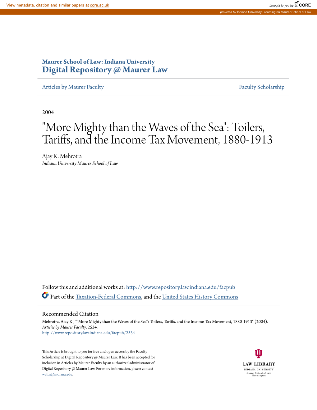 Toilers, Tariffs, and the Income Tax Movement, 1880-1913 Ajay K