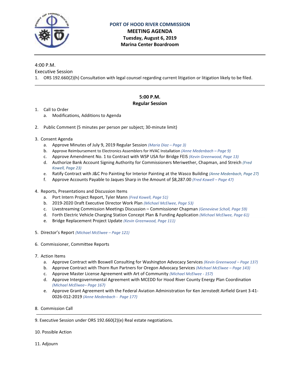 MEETING AGENDA Tuesday, August 6, 2019 Marina Center Boardroom