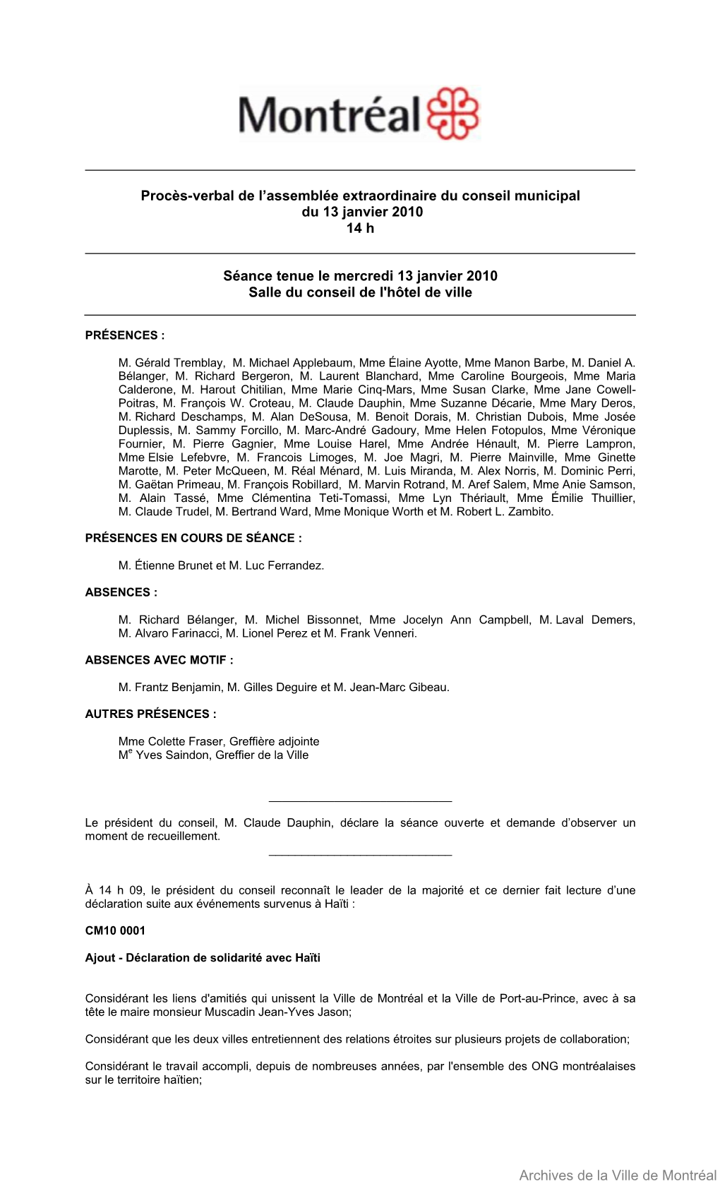 Procès-Verbal De L'assemblée Extraordinaire Du Conseil Municipal Tenue Le 6 Octobre 2010