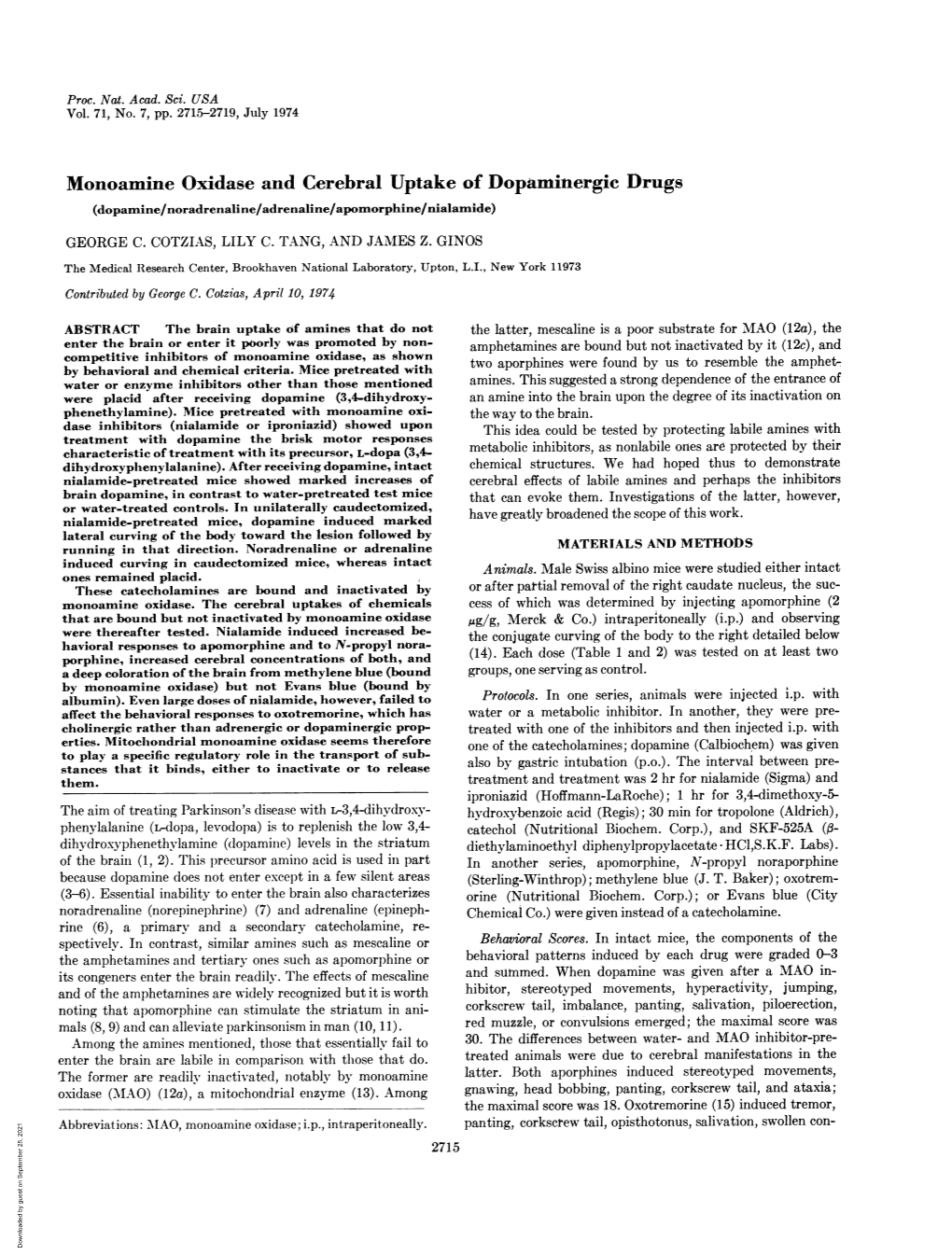 Monoamine Oxidase and Cerebral Uptake of Dopaminergic Drugs (Dopamine/Noradrenaline/Adrenaline/Apomorphine/Nialamilde) GEORGE C