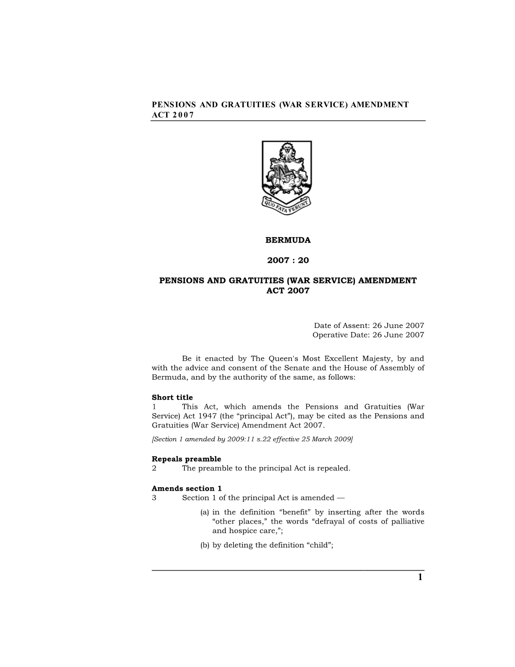 Pensions and Gratuities (War Service) Amendment Act 2 0 0 7