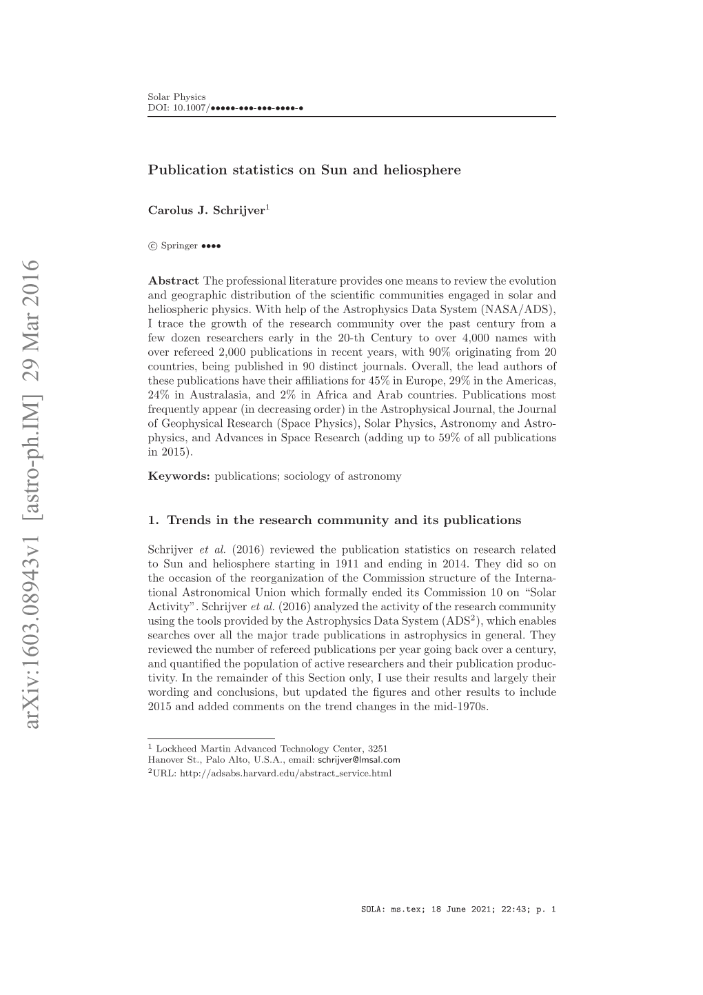 Publication Statistics on Sun and Heliosphere