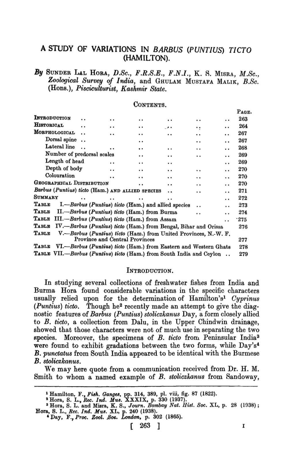 A Study of Variations in Barbus (Puntius) Ticto (Hamilton)