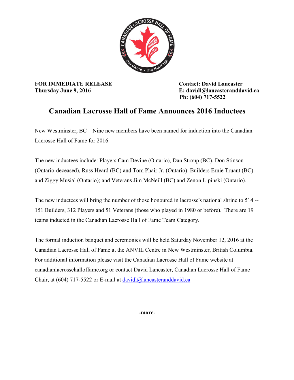 Canadian Lacrosse Hall of Fame Annnounces 2016 Inductees