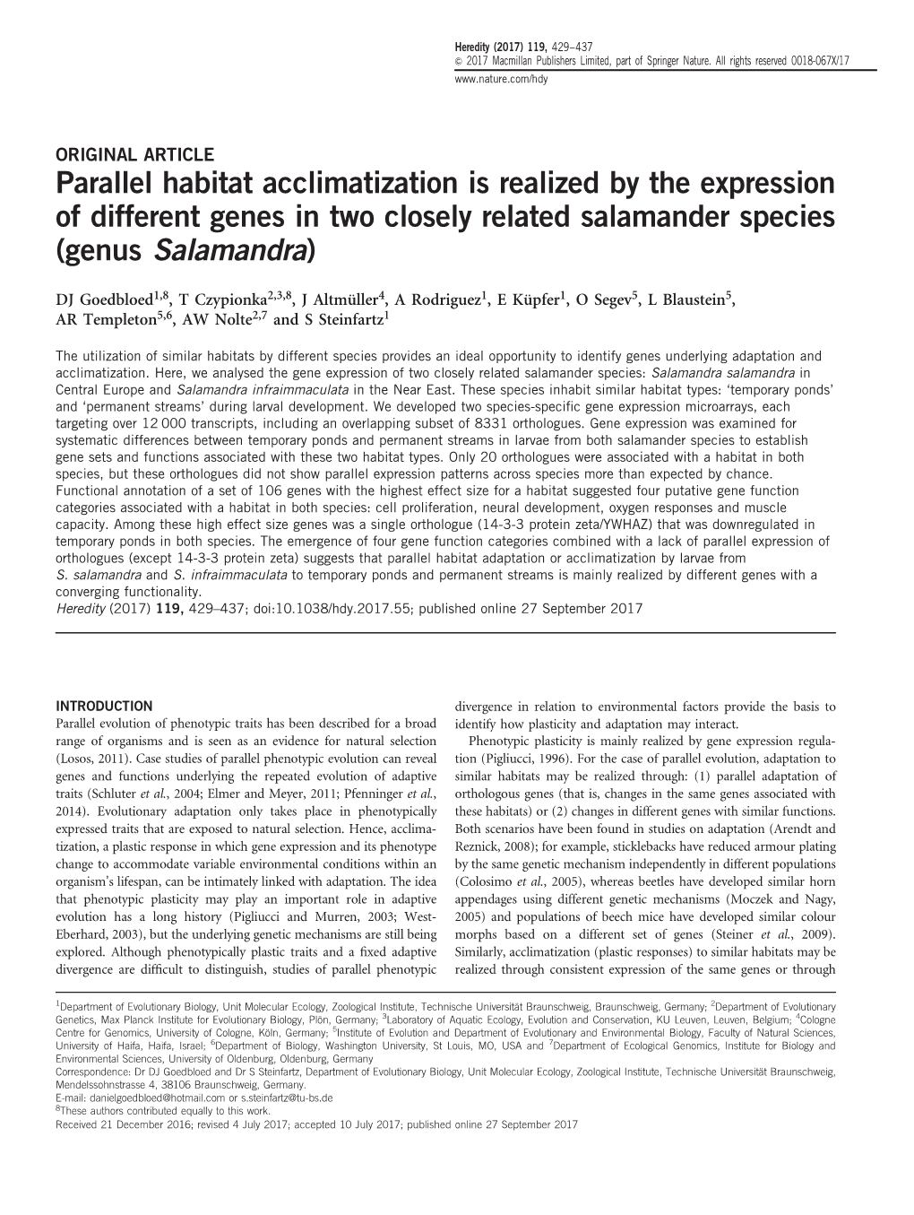 Parallel Habitat Acclimatization Is Realized by the Expression of Different Genes in Two Closely Related Salamander Species (Genus Salamandra)