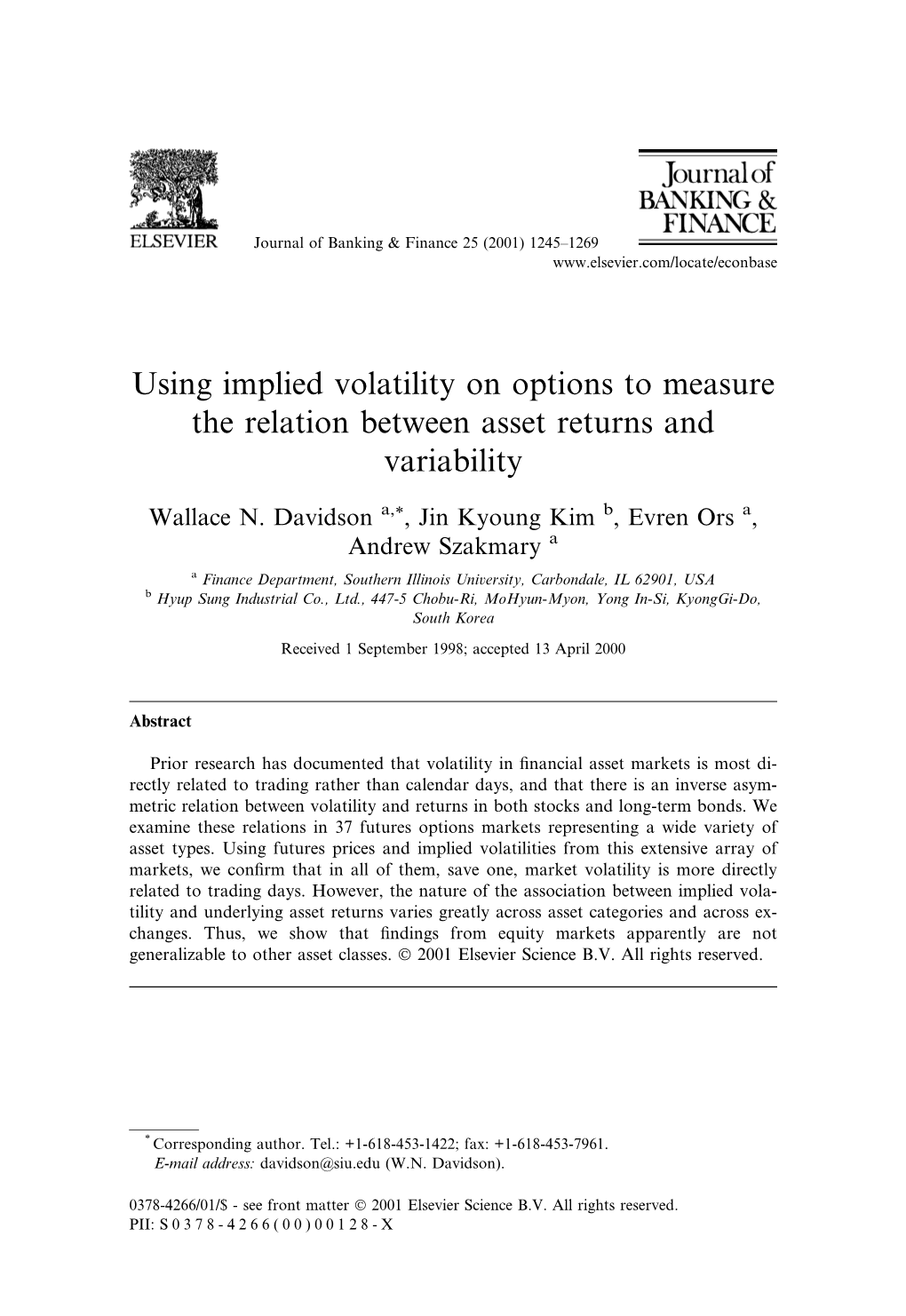 Using Implied Volatility on Options to Measure the Relation Between Asset Returns and Variability