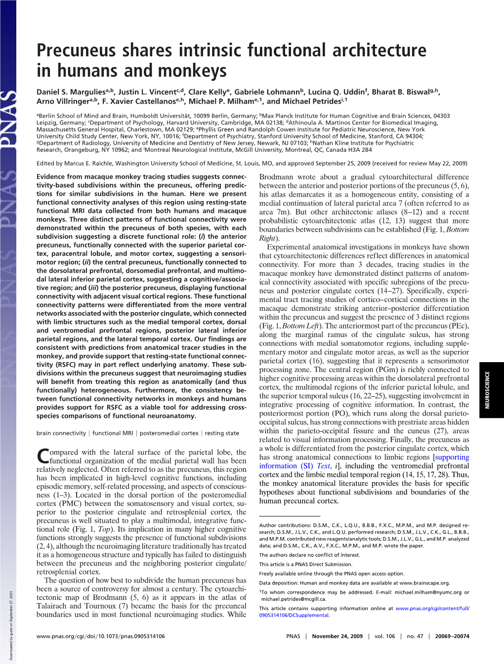 Precuneus Shares Intrinsic Functional Architecture in Humans and Monkeys