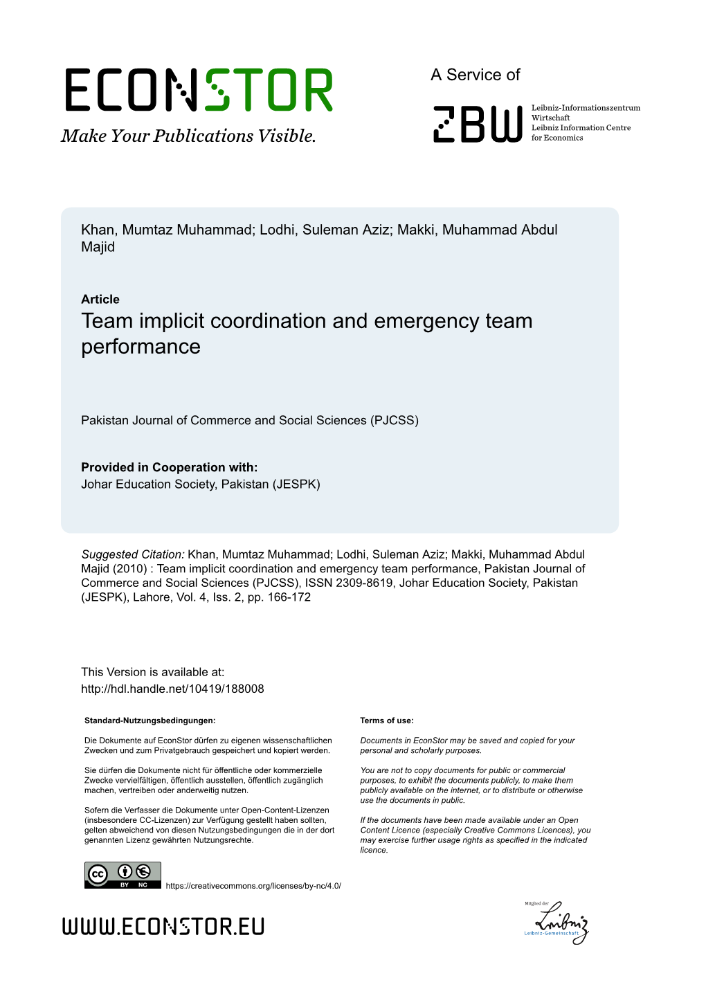 Team Implicit Coordination and Emergency Team Performance