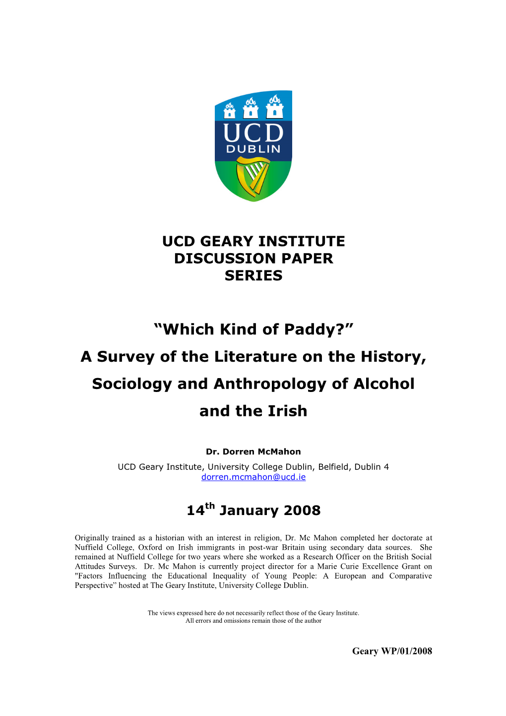 A Survey of the Literature on the History, Sociology and Anthropology of Alcohol and the Irish