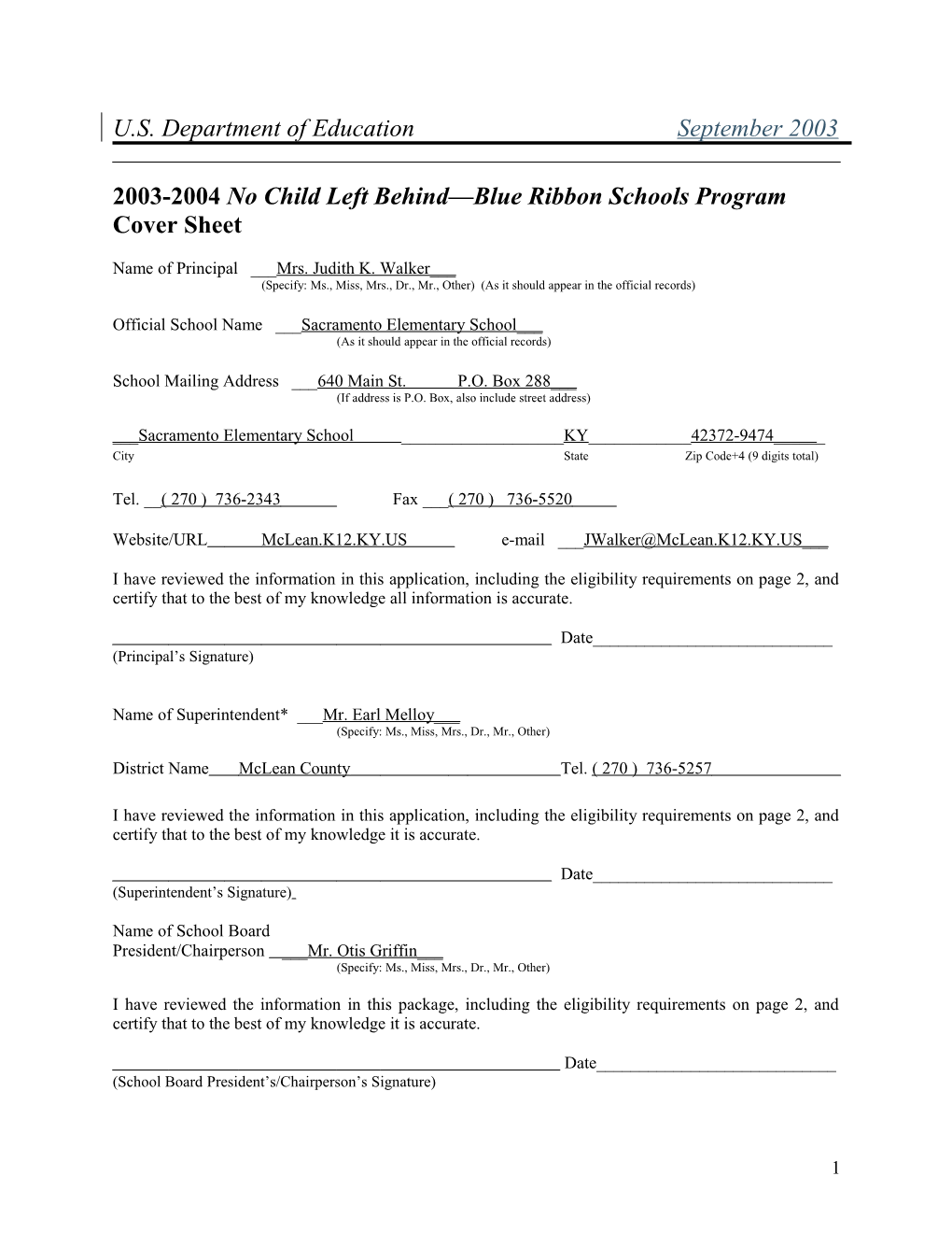 Sacramento Elementary School 2004 No Child Left Behind-Blue Ribbon School Application (Msword)