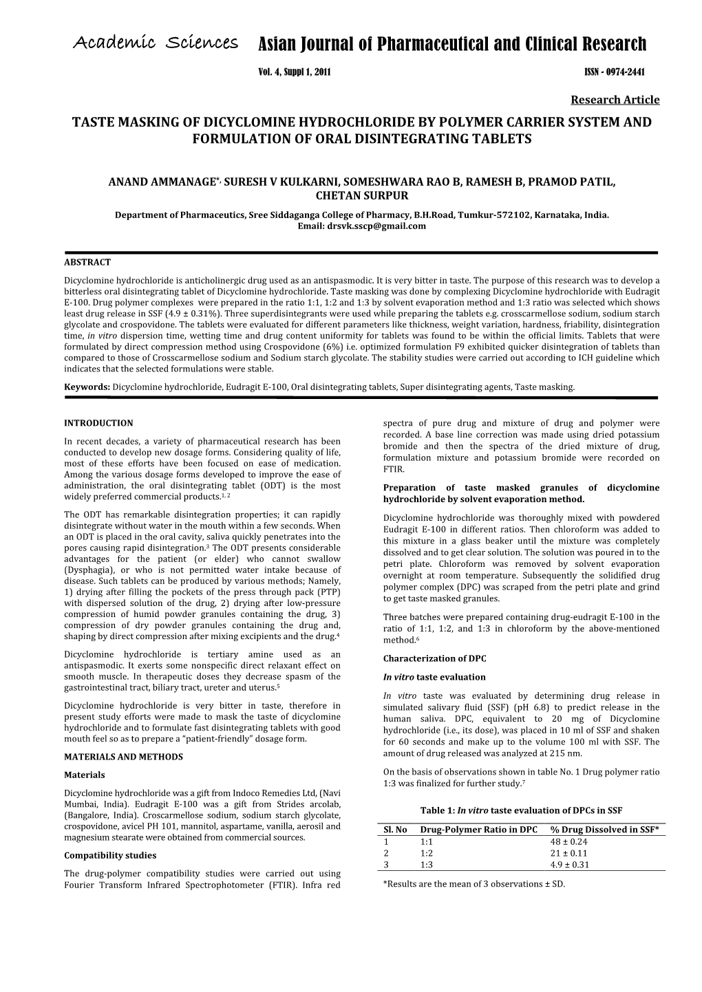 Taste Masking of Dicyclomine Hydrochloride by Polymer Carrier System and Formulation of Oral Disintegrating Tablets