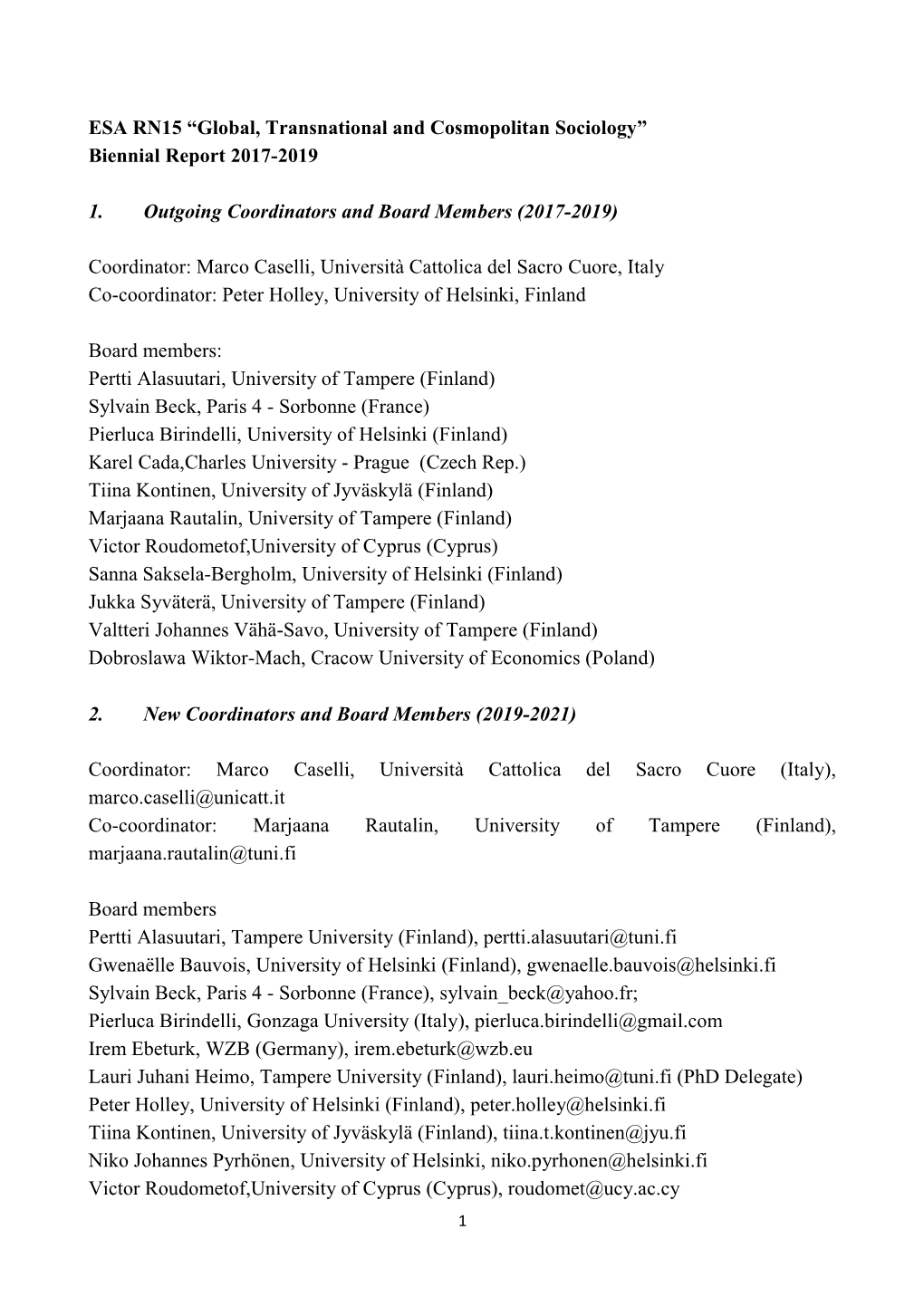 ESA RN15 “Global, Transnational and Cosmopolitan Sociology” Biennial Report 2017-2019