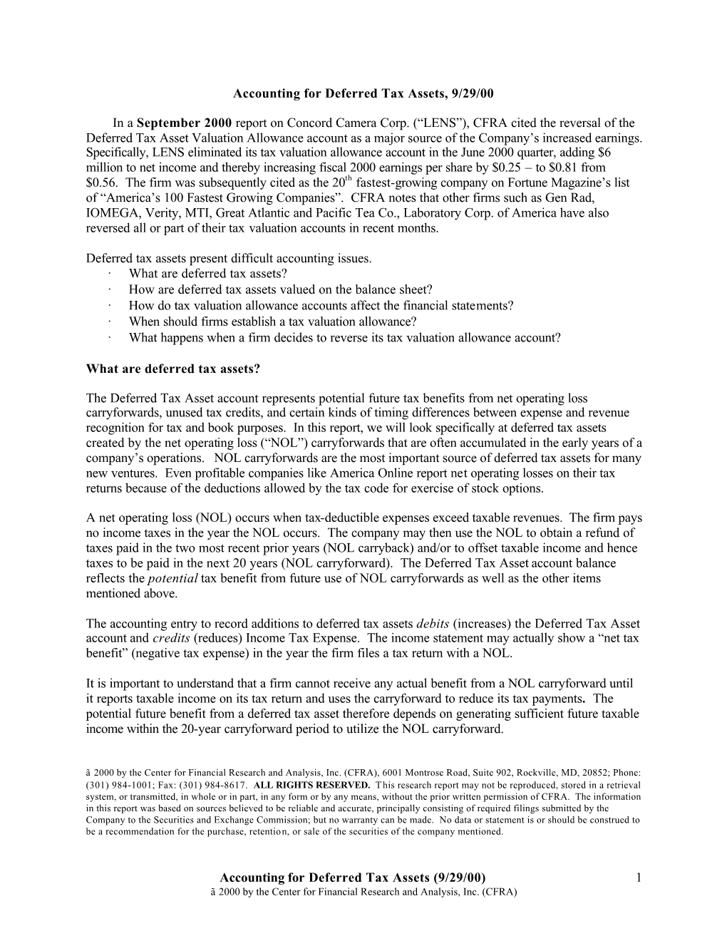 Accounting for Deferred Tax Assets (9/29/00) 1 Accounting for Deferred