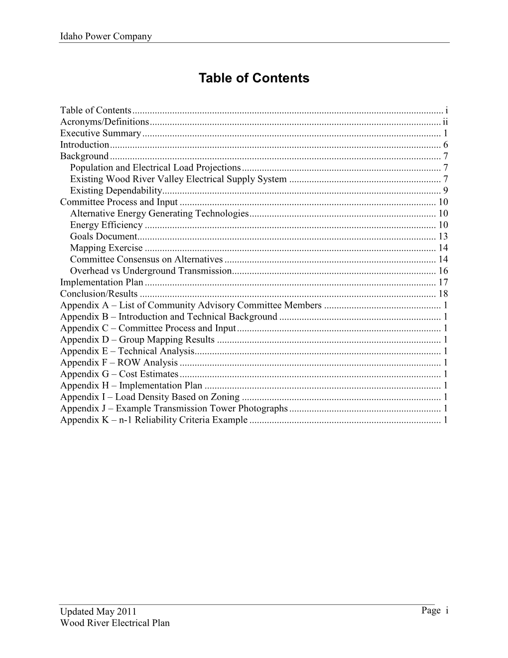 Idaho Power Company Updated May 2011 Wood River Electrical Plan