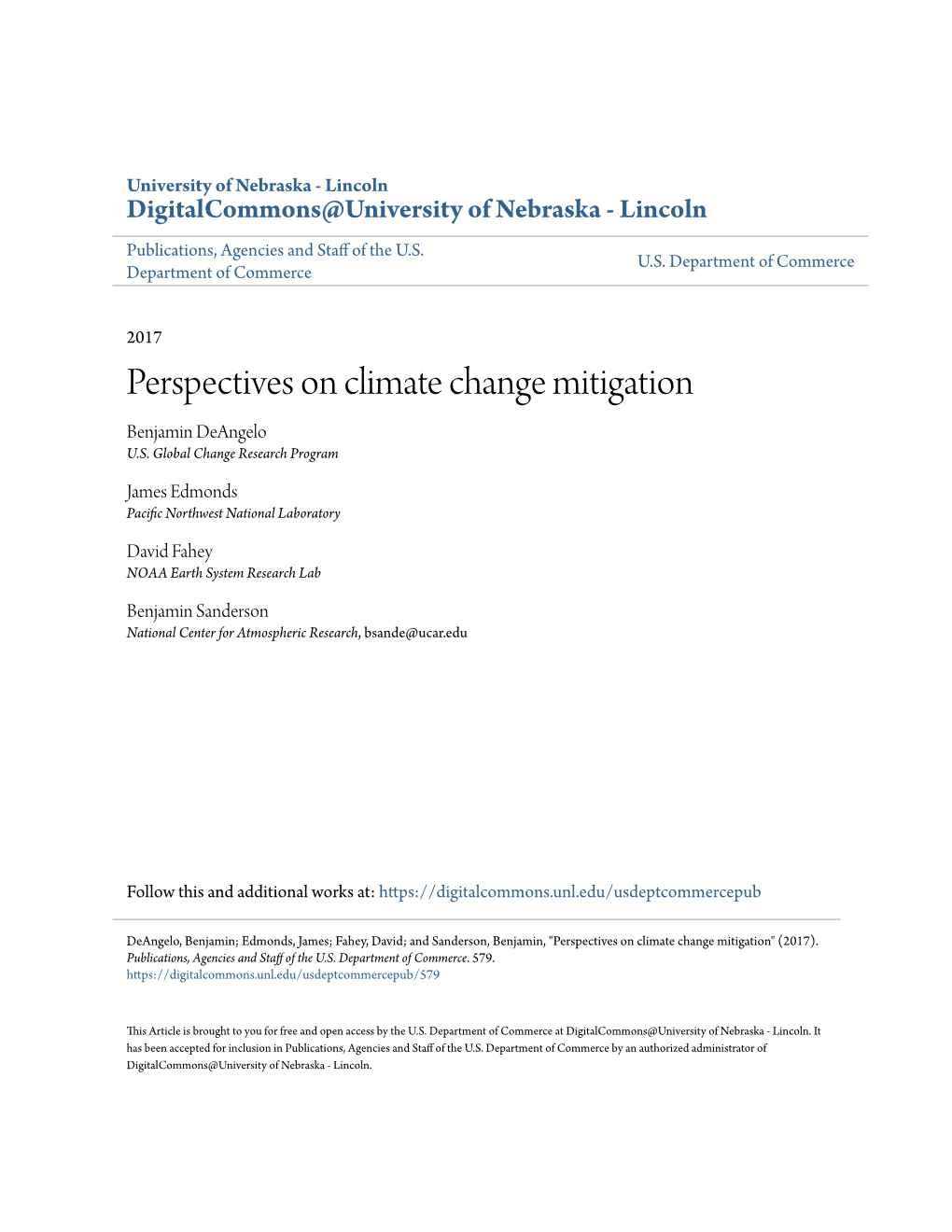 Perspectives on Climate Change Mitigation Benjamin Deangelo U.S