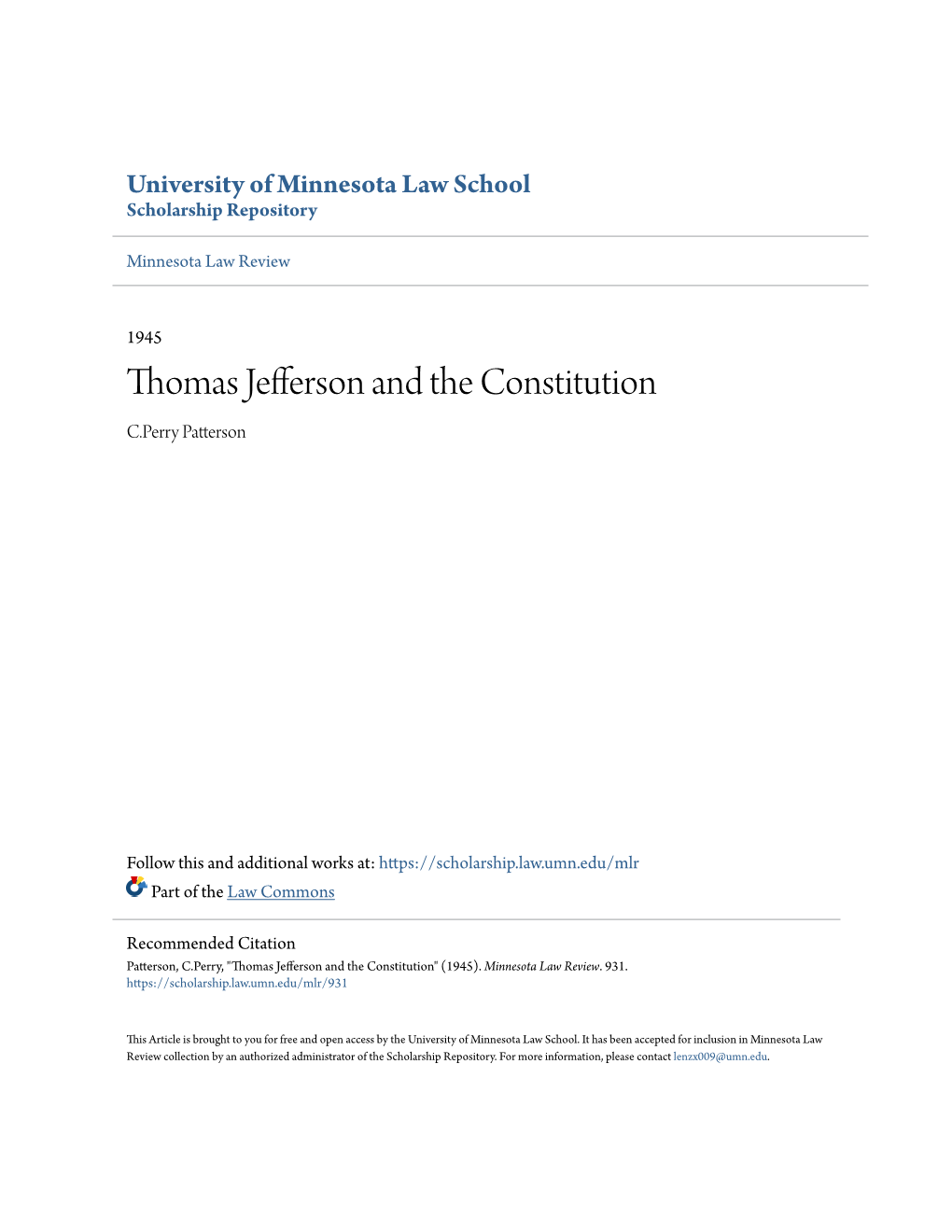 Thomas Jefferson and the Constitution C.Perry Patterson