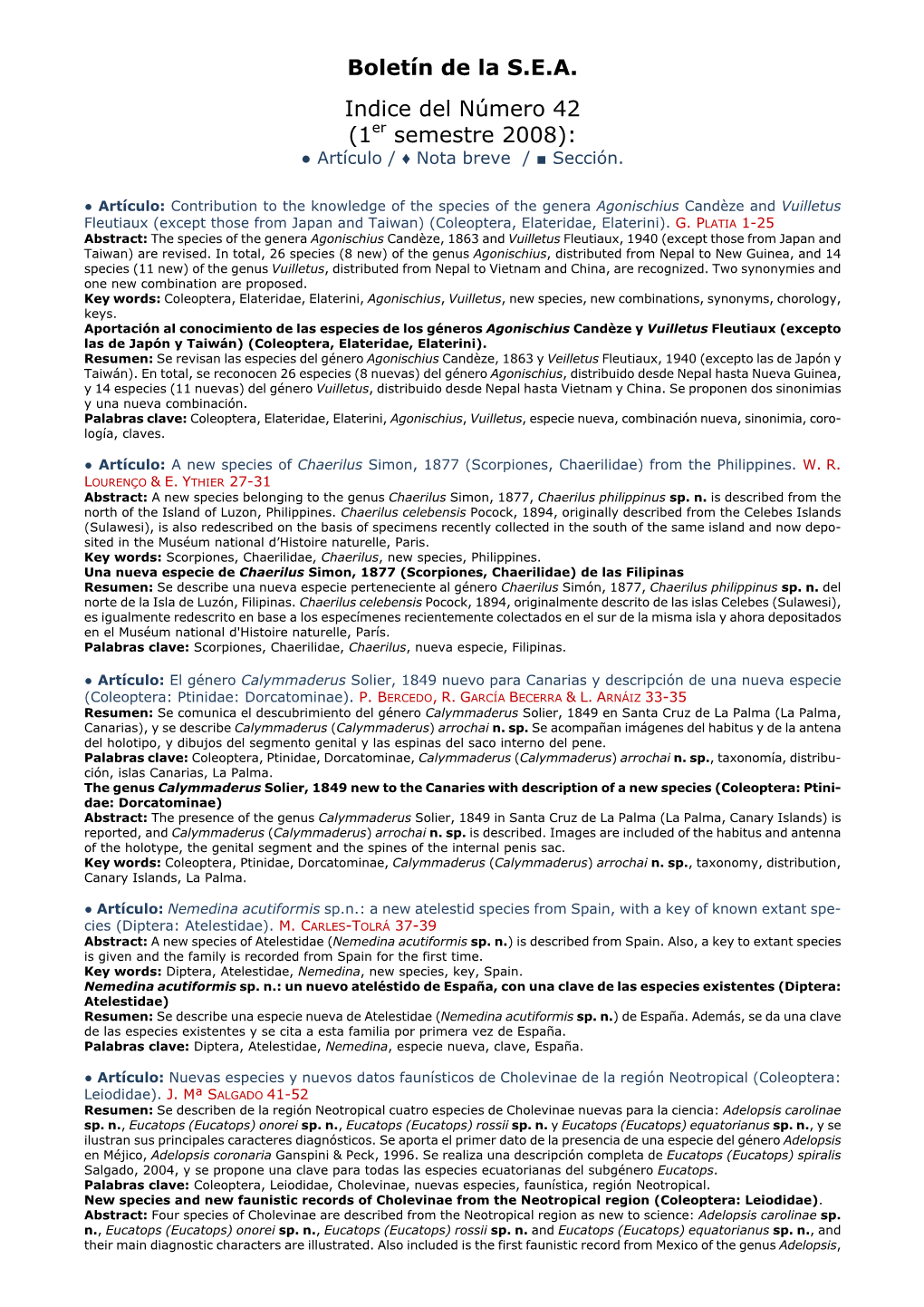 Boletín De La S.E.A. Indice Del Número 42 (1Er Semestre 2008)