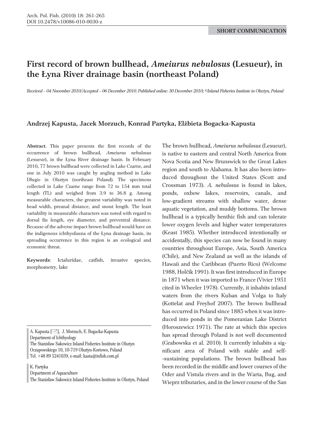 First Record of Brown Bullhead, Ameiurus Nebulosus (Lesueur), in the £Yna River Drainage Basin (Northeast Poland)