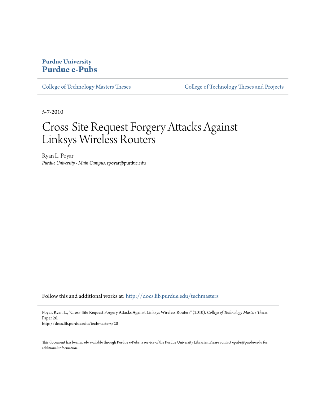 Cross-Site Request Forgery Attacks Against Linksys Wireless Routers Ryan L