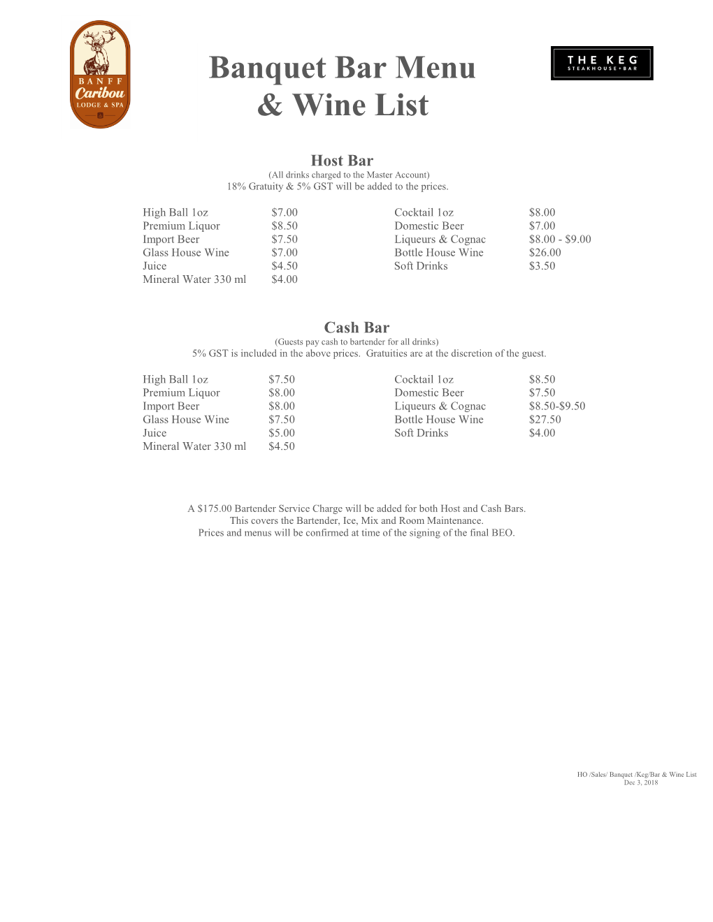 Banquet Bar Menu & Wine List