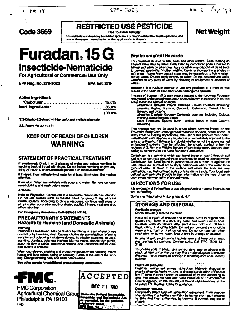 U.S. EPA, Pesticide Product Label, FURADAN 15 G INSECTICIDE NEMATICIDE, 12/11/1990