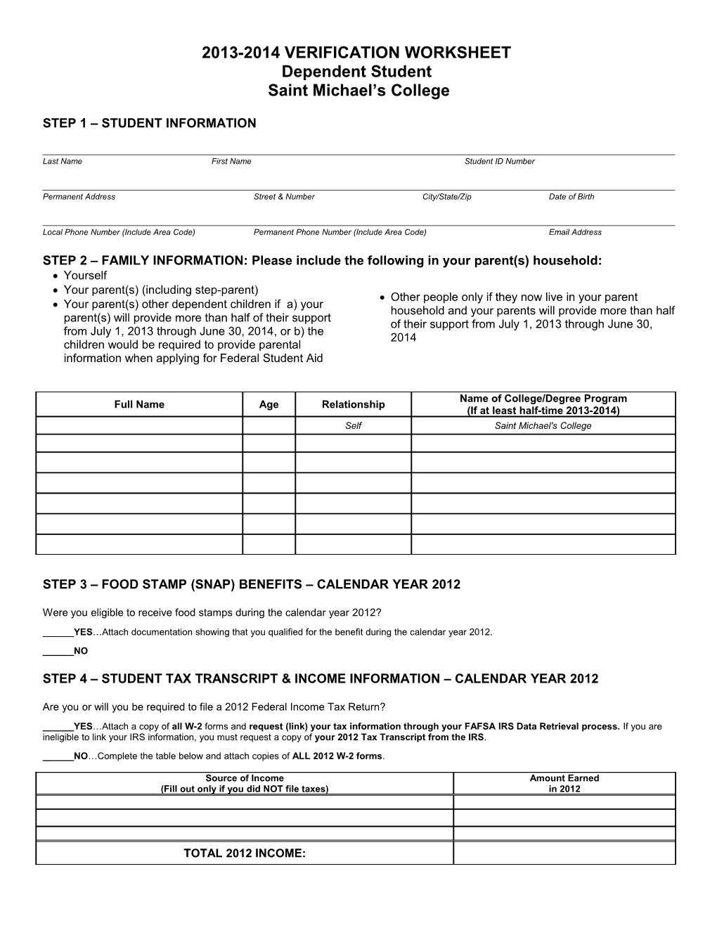 2013-2014 Verification Worksheet