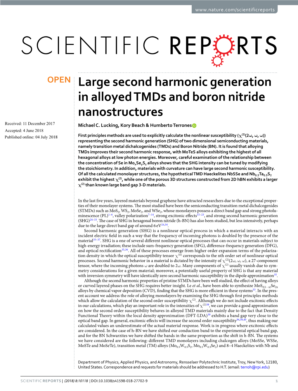 Large Second Harmonic Generation in Alloyed Tmds and Boron Nitride Nanostructures Received: 11 December 2017 Michael C