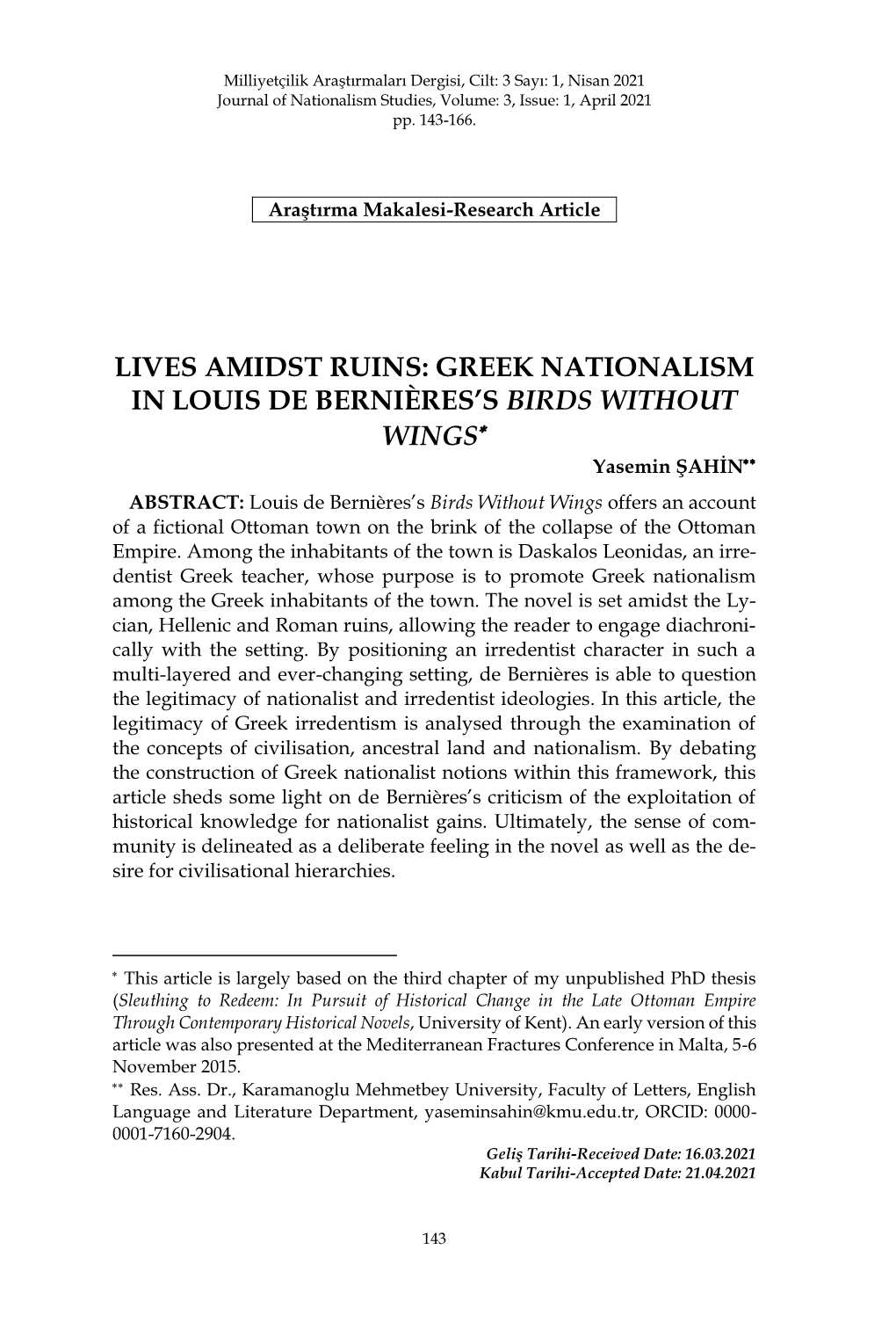 Greek Nationalism in Louis De Bernières's Birds