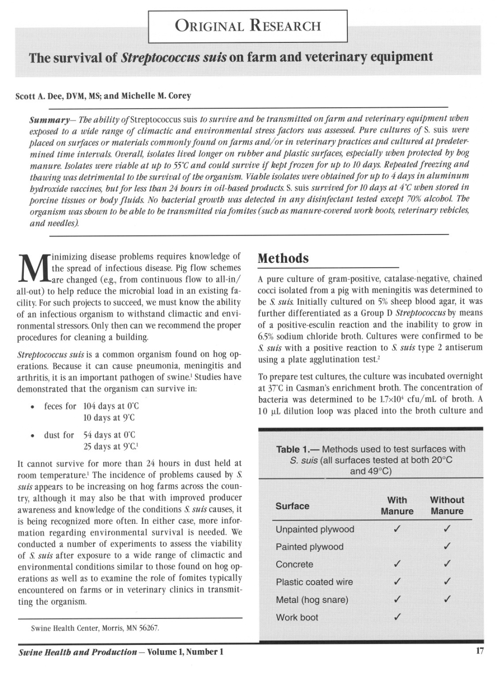 The Survival of <I>Streptococcus Suis</I> on Farm and Veterinary