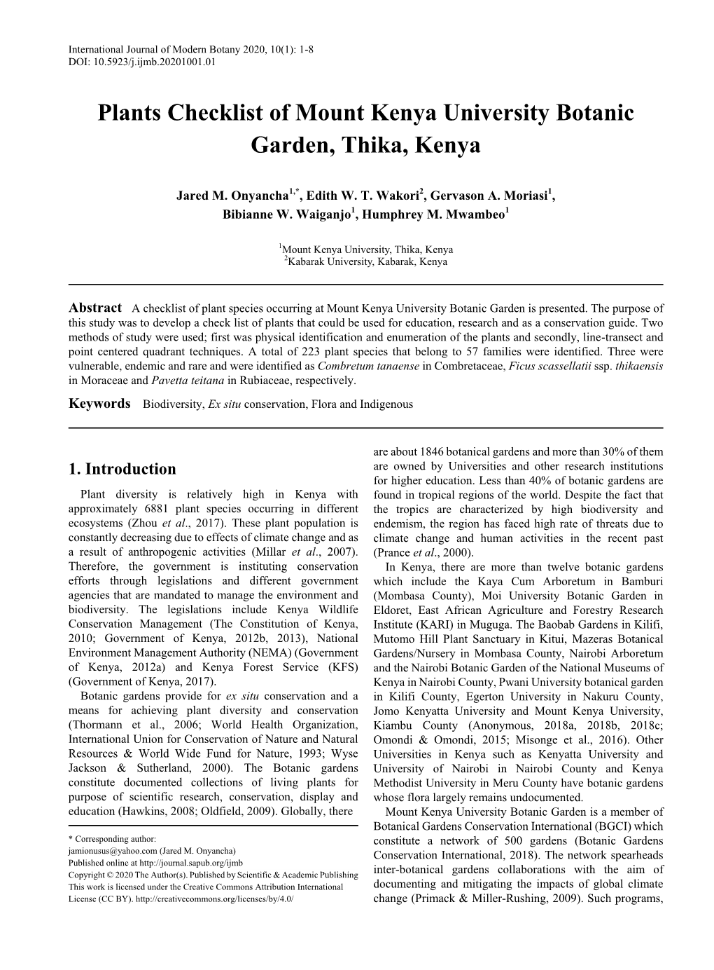 Biodiversity, <I>Ex</I> <I>Situ</I> Conservation, Flora and Indigenous