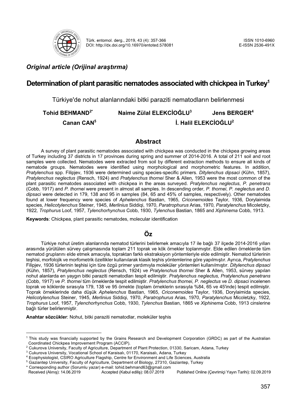 Determination of Plant Parasitic Nematodes Associated with Chickpea in Turkey1