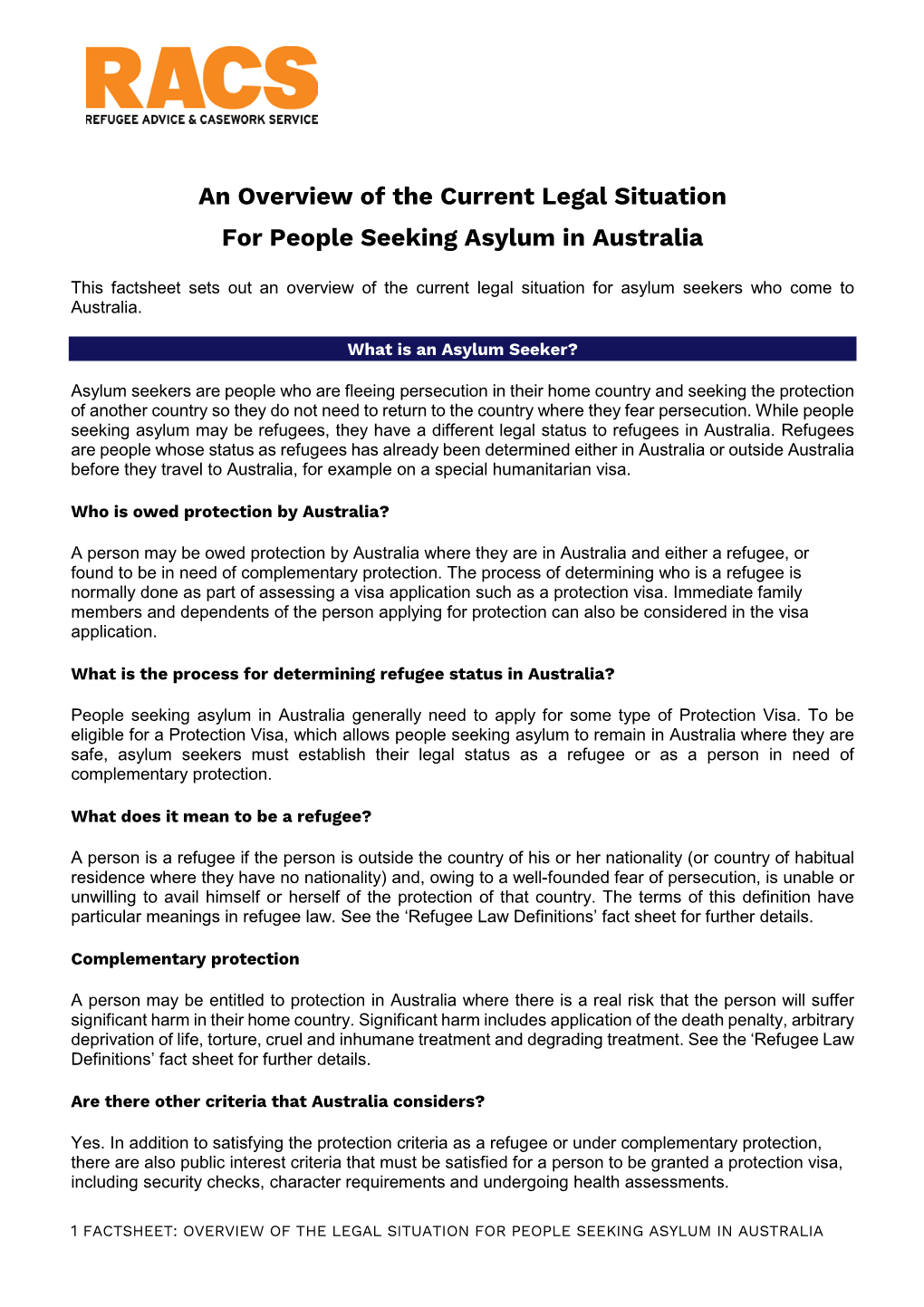 An Overview of the Current Legal Situation for People Seeking Asylum in Australia