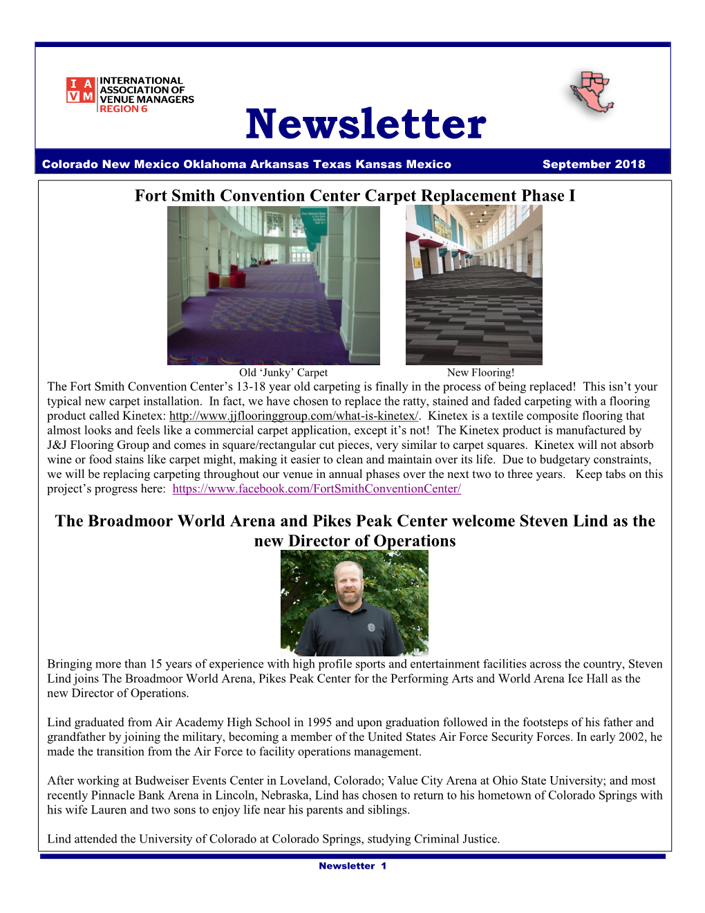 Newsletter Colorado New Mexico Oklahoma Arkansas Texas Kansas Mexico September 2018 Fort Smith Convention Center Carpet Replacement Phase I