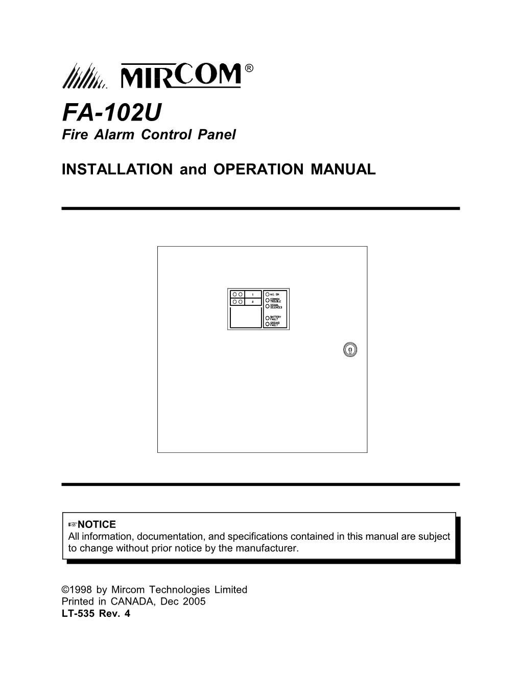 FA-102U Fire Alarm Control Panel INSTALLATION And