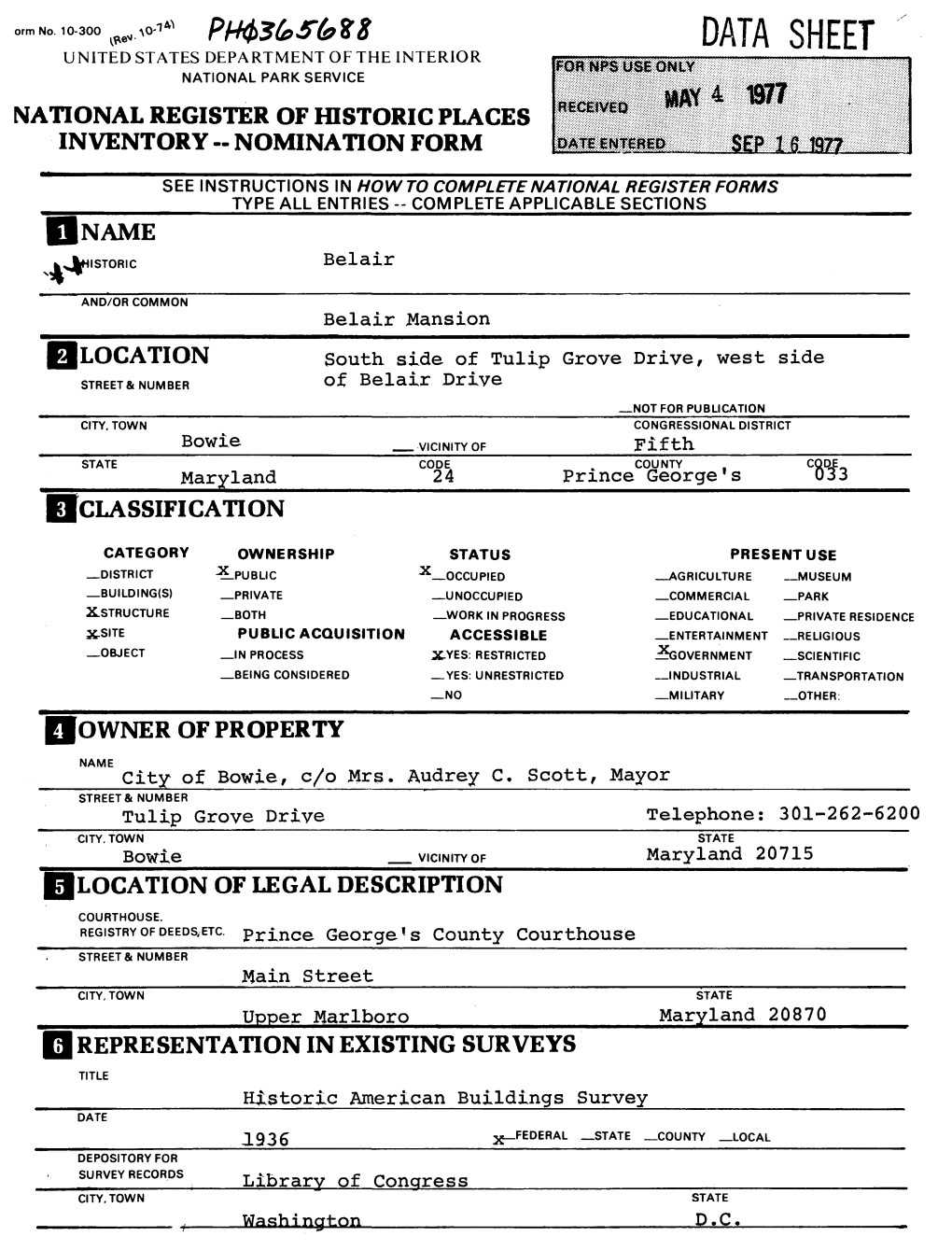 Data Sheet States Department of the Interior National Park Service National Register of Historic Places Inventory -- Nomination Form